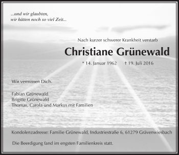 Traueranzeige von Christiane Grünewald von  Usinger Anzeiger