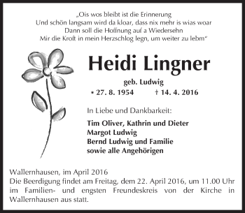 Traueranzeige von Heidi Lingner von  Kreisanzeiger