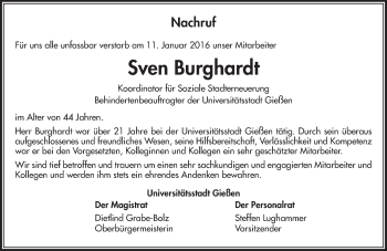 Traueranzeige von Sven Burghardt von  Gießener Anzeiger