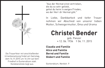 Traueranzeige von Christel Bender von  Allgemeine Zeitung Mainz