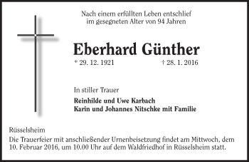 Traueranzeige von Eberhard Günther von  Mainspitze