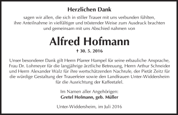 Traueranzeige von Alfred Hofmann von  Kreisanzeiger