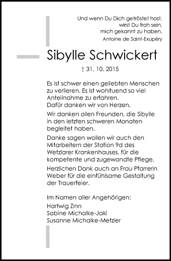 Traueranzeige von Sibylle Schwickert von  Gießener Anzeiger