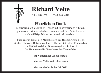 Traueranzeige von Richard Velte von  Usinger Anzeiger