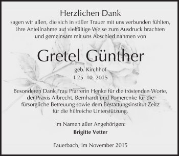 Traueranzeige von Gretel Günther von  Sonntags Anzeiger