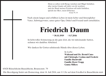 Traueranzeige von Friedrich Daum von Trauerportal Echo Online