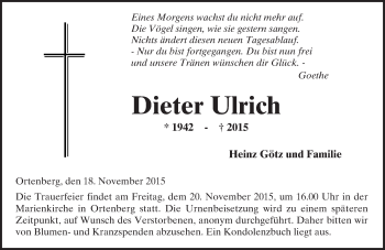 Traueranzeige von Dieter Ulrich von  Kreisanzeiger