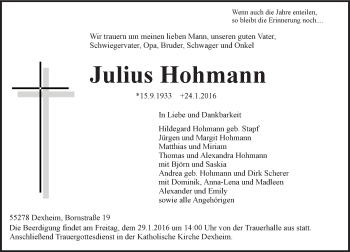 Traueranzeige von Julius Hohmann von  Landskrone