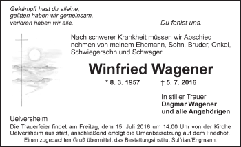 Traueranzeige von Winfried Wagener von Trauerportal Rhein Main Presse