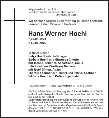 Traueranzeige von Hans Werner Hoehl von  Wiesbaden komplett