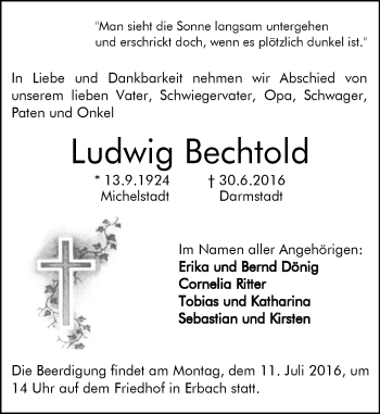 Traueranzeige von Ludwig Bechtold von Trauerportal Echo Online