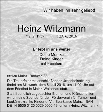 Traueranzeige von Heinz Witzmann von Trauerportal Rhein Main Presse