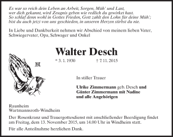 Traueranzeige von Walter Desch von  Mainspitze