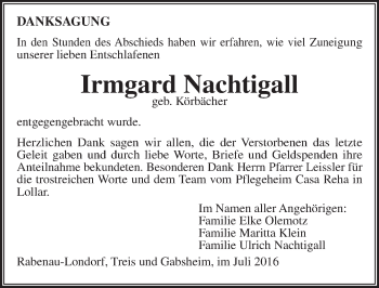 Traueranzeige von Irmgard Nachtigall von  Gießener Anzeiger