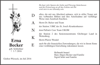 Traueranzeige von Erna Becker von  Gießener Anzeiger