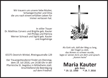 Traueranzeige von Maria Kauter von Trauerportal Rhein Main Presse