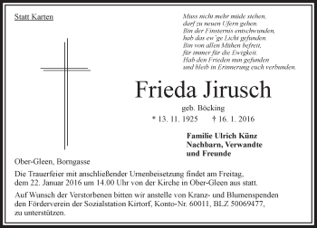 Traueranzeige von Frieda Jirusch von VRM Trauer