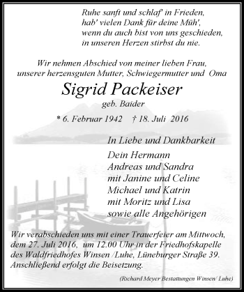 Traueranzeige von Sigrid Packeiser von Trauerportal Echo Online