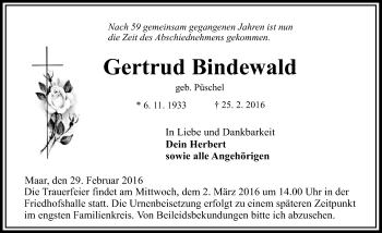 Traueranzeige von Gertrud Bindewald von VRM Trauer