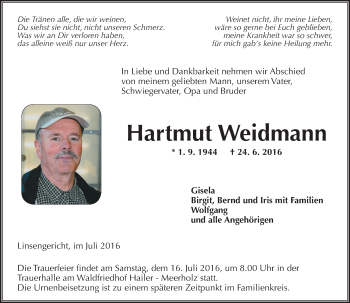Traueranzeige von Hartmut Weidmann von  Gelnhäuser Tageblatt