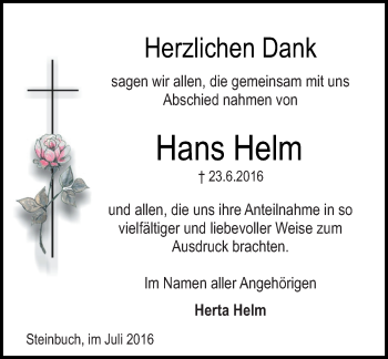 Traueranzeige von Hans Helm von Trauerportal Echo Online