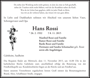 Traueranzeige von Hans Rossi von  Allgemeine Zeitung Alzey