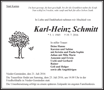 Traueranzeige von Karl-Heinz Schmitt von VRM Trauer