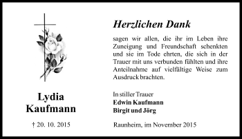 Traueranzeige von Lydia Kaufmann von  Mainspitze