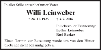 Traueranzeige von Willi Leinweber von  Kreisanzeiger