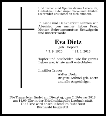 Traueranzeige von Eva Dietz von  Gießener Anzeiger