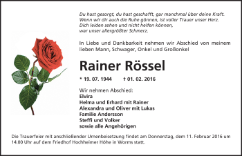 Traueranzeige von Rainer Rössel von  Wormser Zeitung
