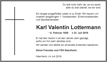 Traueranzeige von Karl Valentin Lottermann von Trauerportal Rhein Main Presse