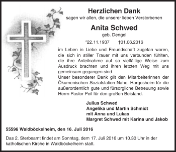 Traueranzeige von Anita Schwed von Trauerportal Rhein Main Presse