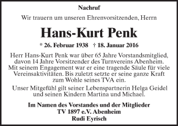 Traueranzeige von Hans-Kurt Penk von trauer.rmp.de