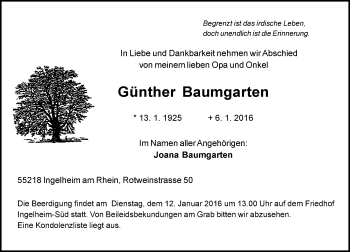 Traueranzeige von Günther Baumgarten von  Allgemeine  Zeitung Ingelheim-Bingen