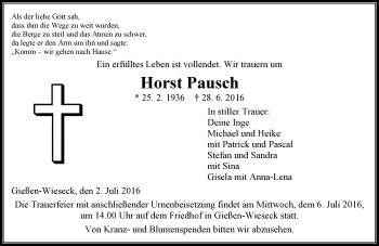 Traueranzeige von Horst Pausch von  Gießener Anzeiger