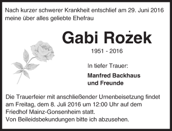 Traueranzeige von Gabi Rolek von Trauerportal Rhein Main Presse