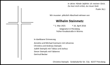 Traueranzeige von Wilhelm Steinmetz von  Wormser Zeitung