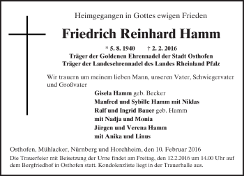 Traueranzeige von Friedrich Reinhard Hamm von  Landskrone