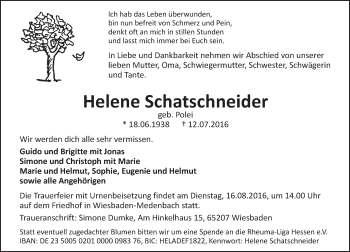 Traueranzeige von Helene Schatschneider von Trauerportal Rhein Main Presse