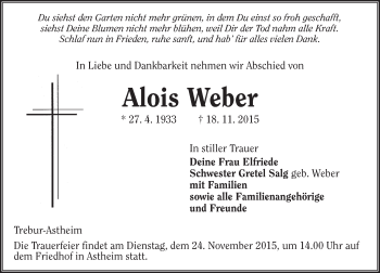 Traueranzeige von Alois Weber von  Mainspitze