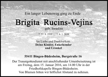 Traueranzeige von Brigita Rucins-Vejins von  Allgemeine  Zeitung Ingelheim-Bingen
