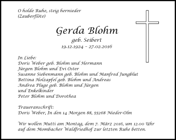 Traueranzeige von Gerda Blohm von  Allgemeine Zeitung Mainz