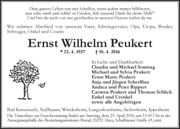 Traueranzeige von Ernst Wilhelm Peukert von  Allg. Zeitung Bad Kreuznach