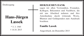 Traueranzeige von Hans-Jürgen Lassek von  OK Oberhessen Kurier