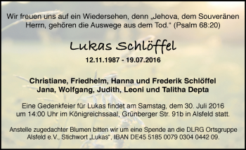 Traueranzeige von Lukas Schlöffel von VRM Trauer