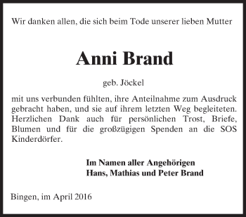 Traueranzeige von Anni Brand von  Allgemeine  Zeitung Ingelheim-Bingen