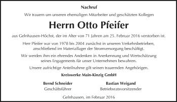 Traueranzeige von Otto Pfeifer von  Gelnhäuser Tageblatt