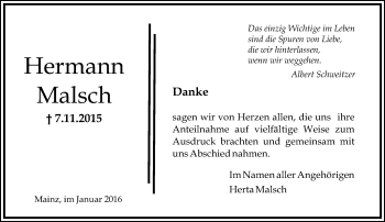 Traueranzeige von Hermann Malsch von  Allgemeine Zeitung Mainz