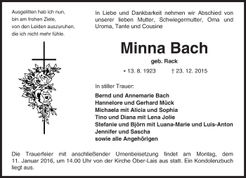 Traueranzeige von Minna Bach von  Kreisanzeiger